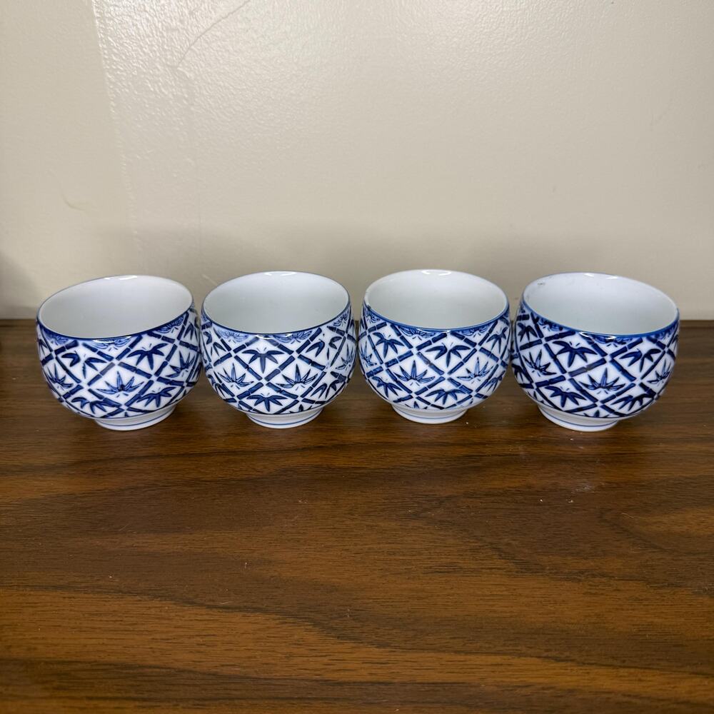 Vintage Japanese Tea Cups Set Blue & White Porcelain Cup